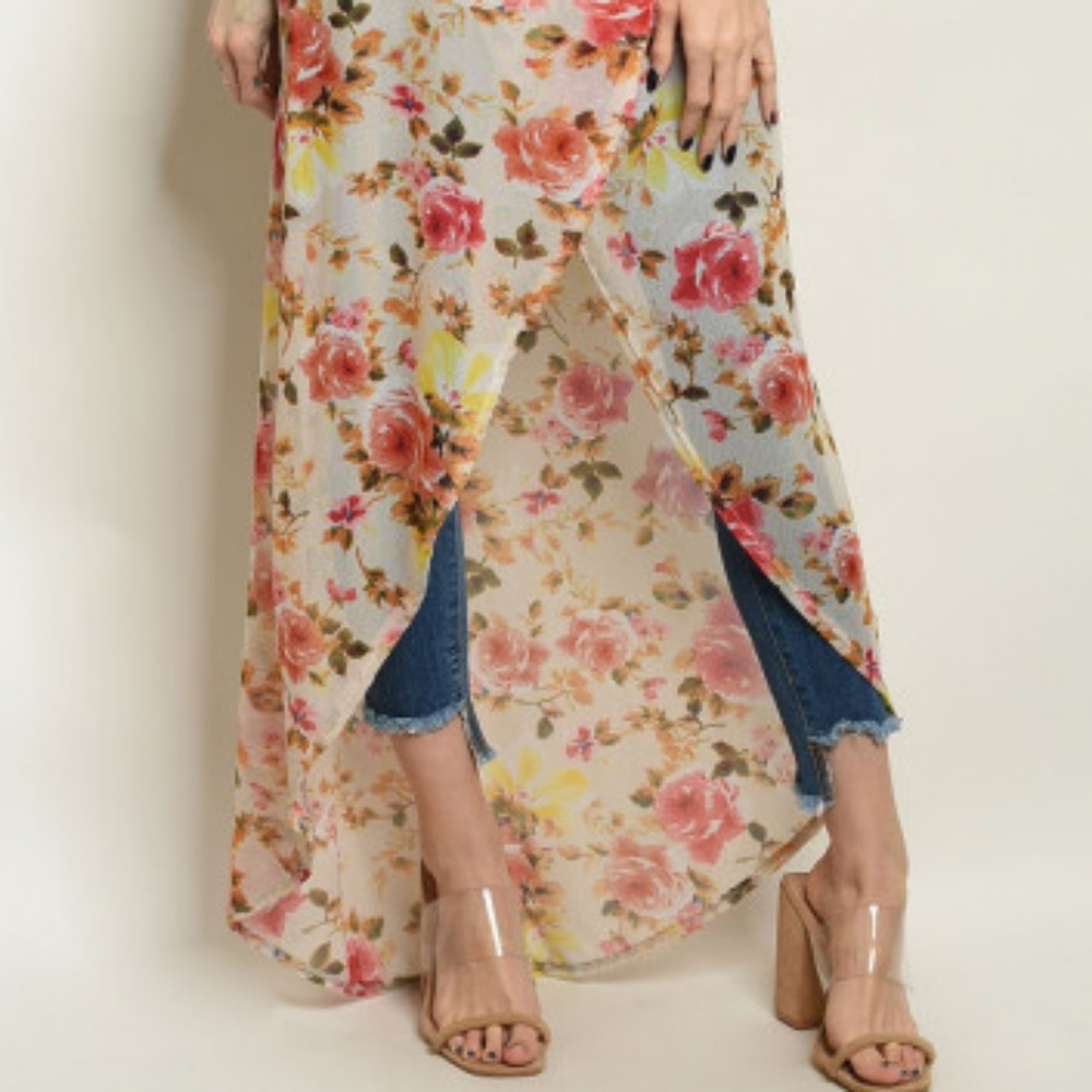 SALE ♡Floral Cold Shoulders Maxi Duster Dress cover up sheer boho fairy flowers - Picture 4 of 7